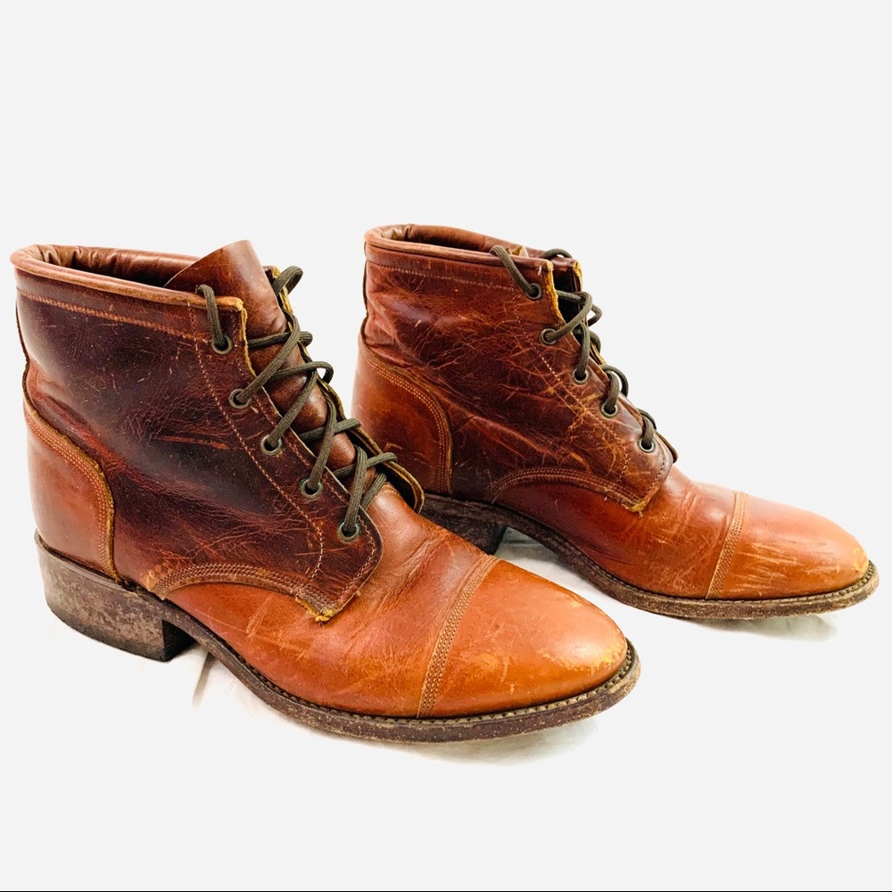 Larry Mahan Brown Leather Lace up Boots 7M Roper